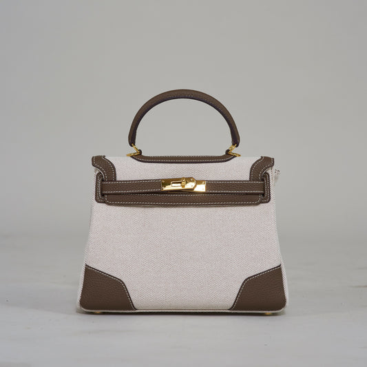 Ashley Canvas & Leather Padlock  Handbag - Taupe