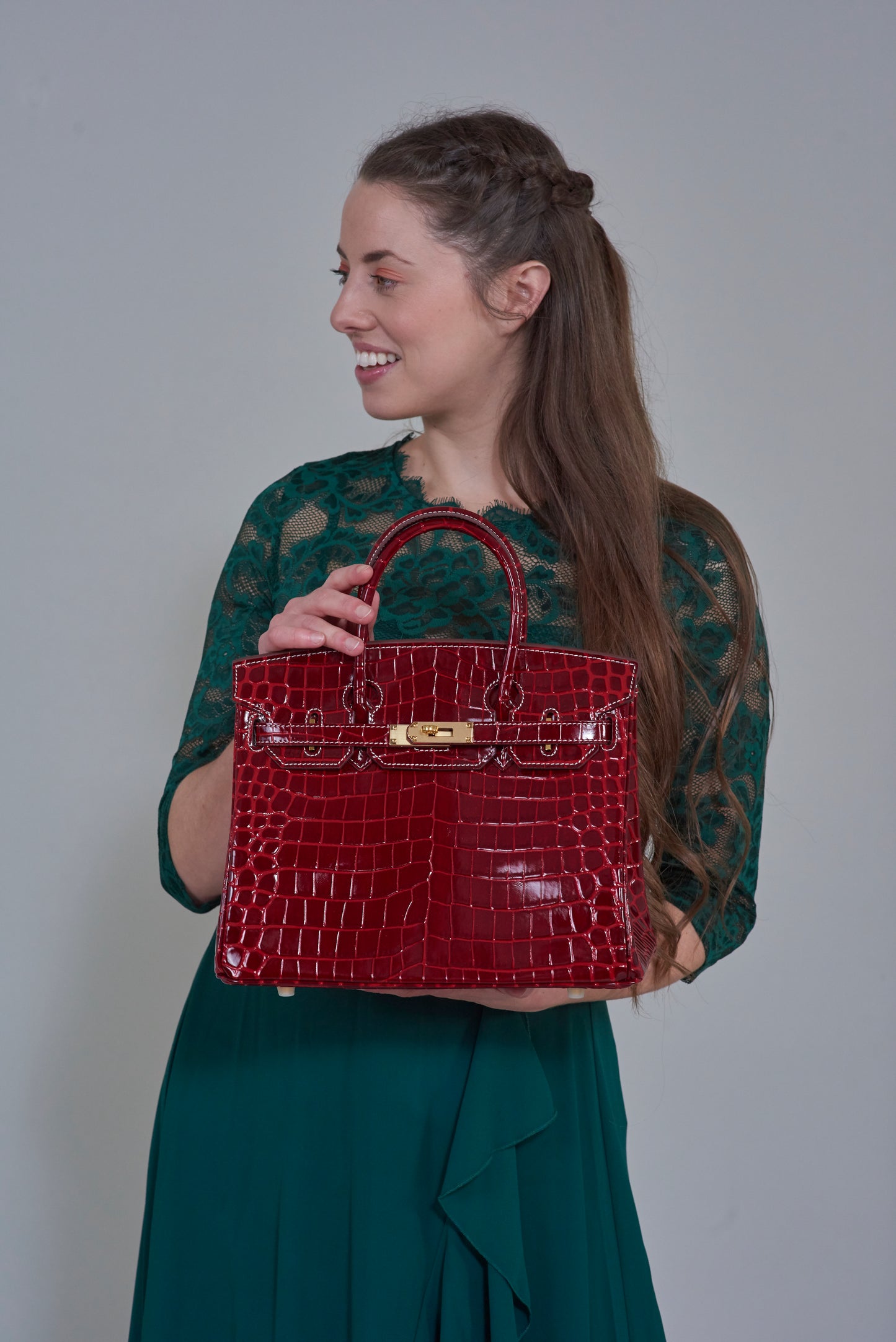 Erin Leather Padlock Handbag 30cm - Wine Red Croc