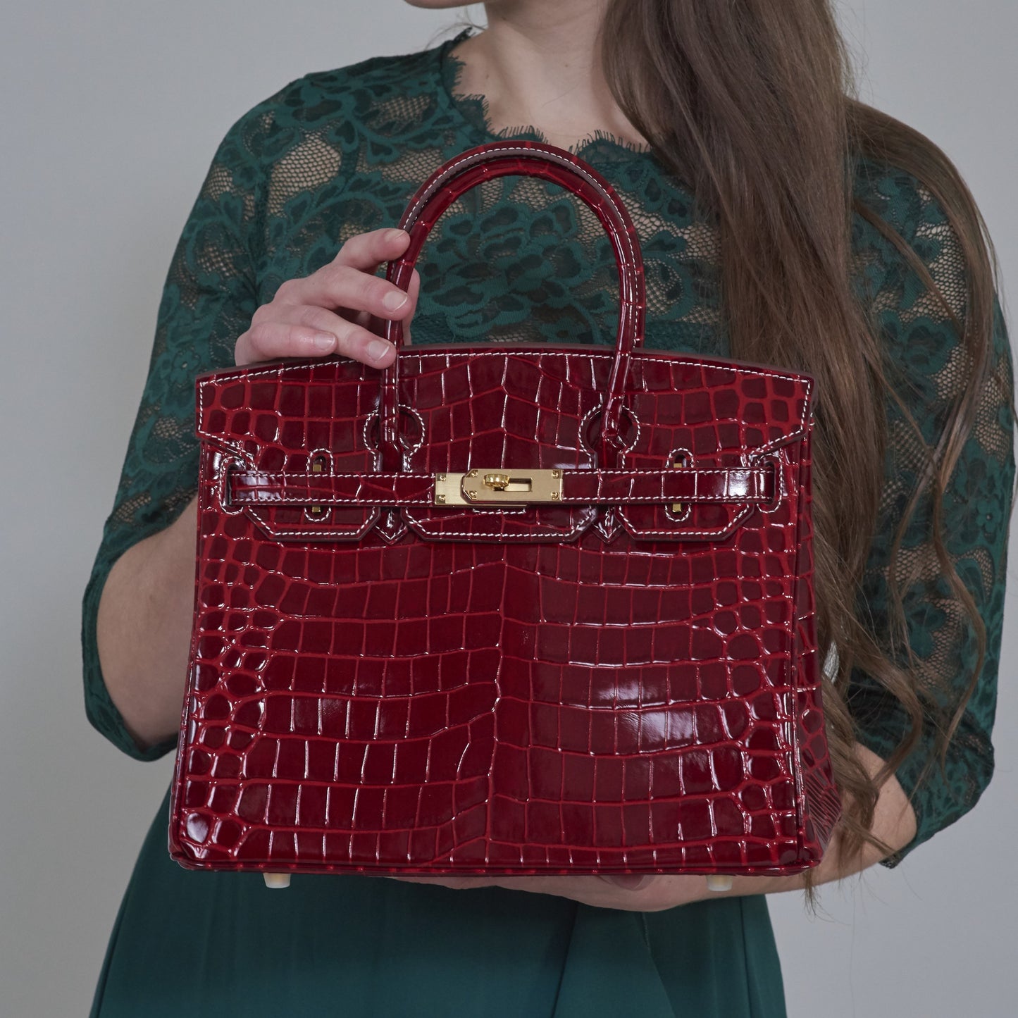 Erin Leather Padlock Handbag 30cm - Wine Red Croc