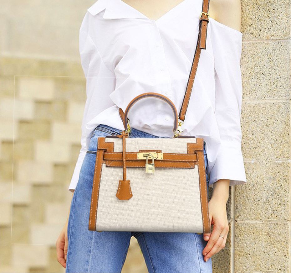 Ashley Canvas & Leather Padlock Handbag - Gold Hardware 28cm