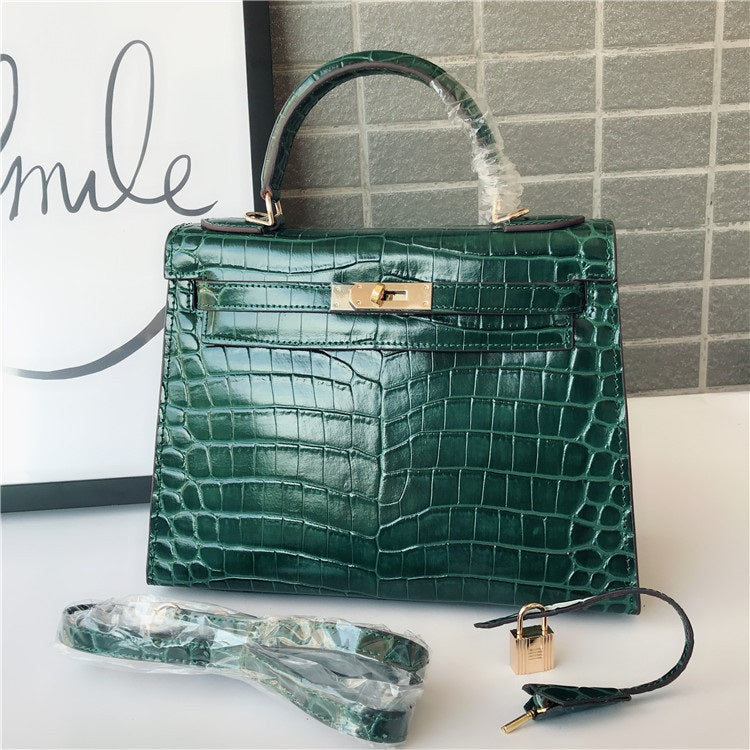 Ava Croc Padlock Handbag - Gold Hardware 28 cm