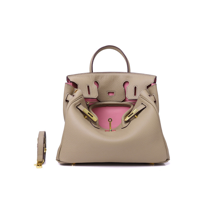Erin Leather Padlock Handbag - Pink Interior - 25 cm
