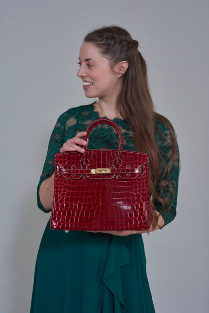 Erin Leather Padlock Handbag 30cm - Wine Red Croc