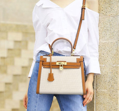 Ashley Canvas & Leather Padlock  Handbag - Gold Hardware 28cm