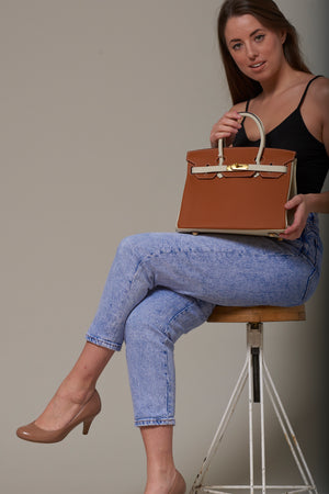 Erin Leather Padlock Handbag - Contrast Brown